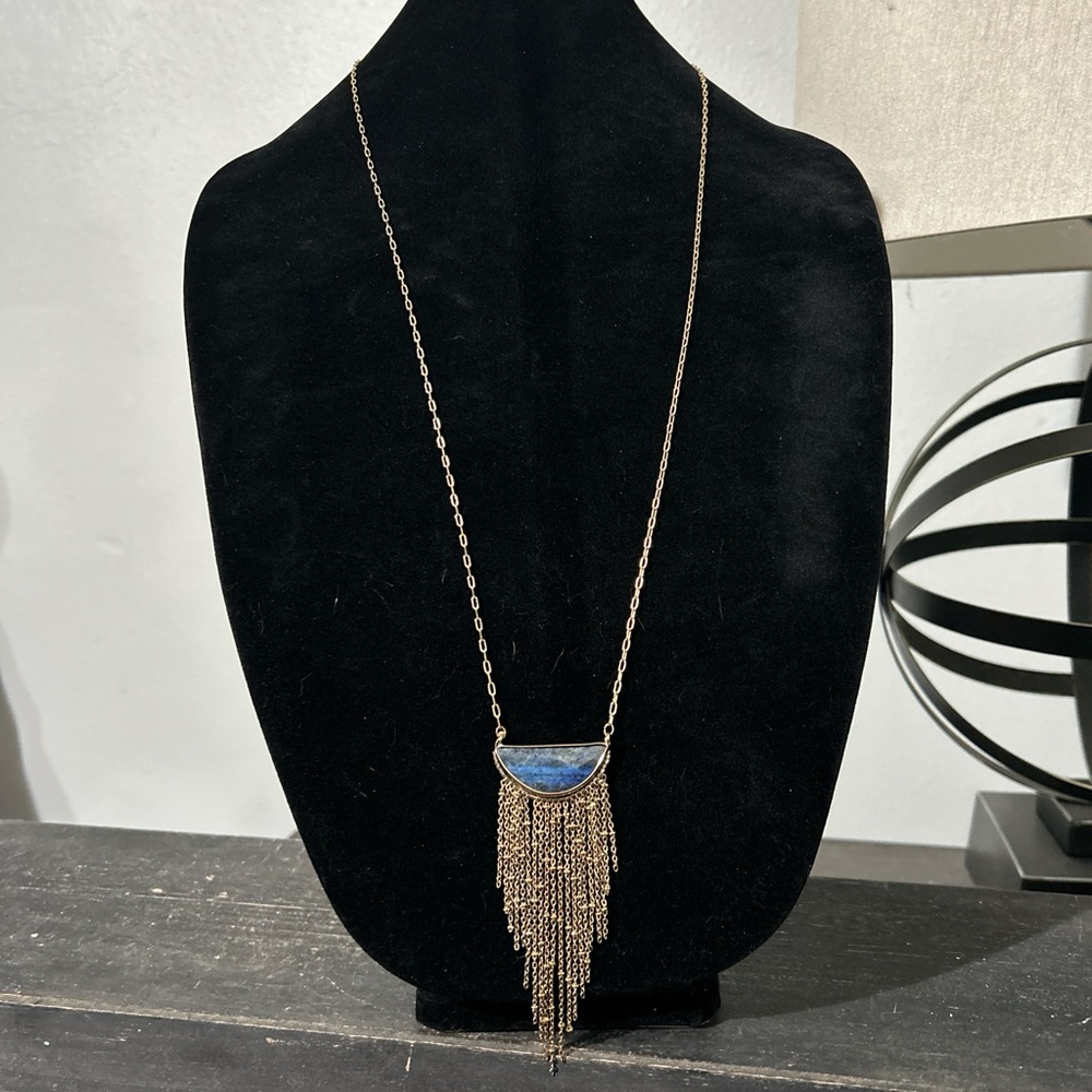 Gold and Blue Statement Necklace with Cascading Fringe
